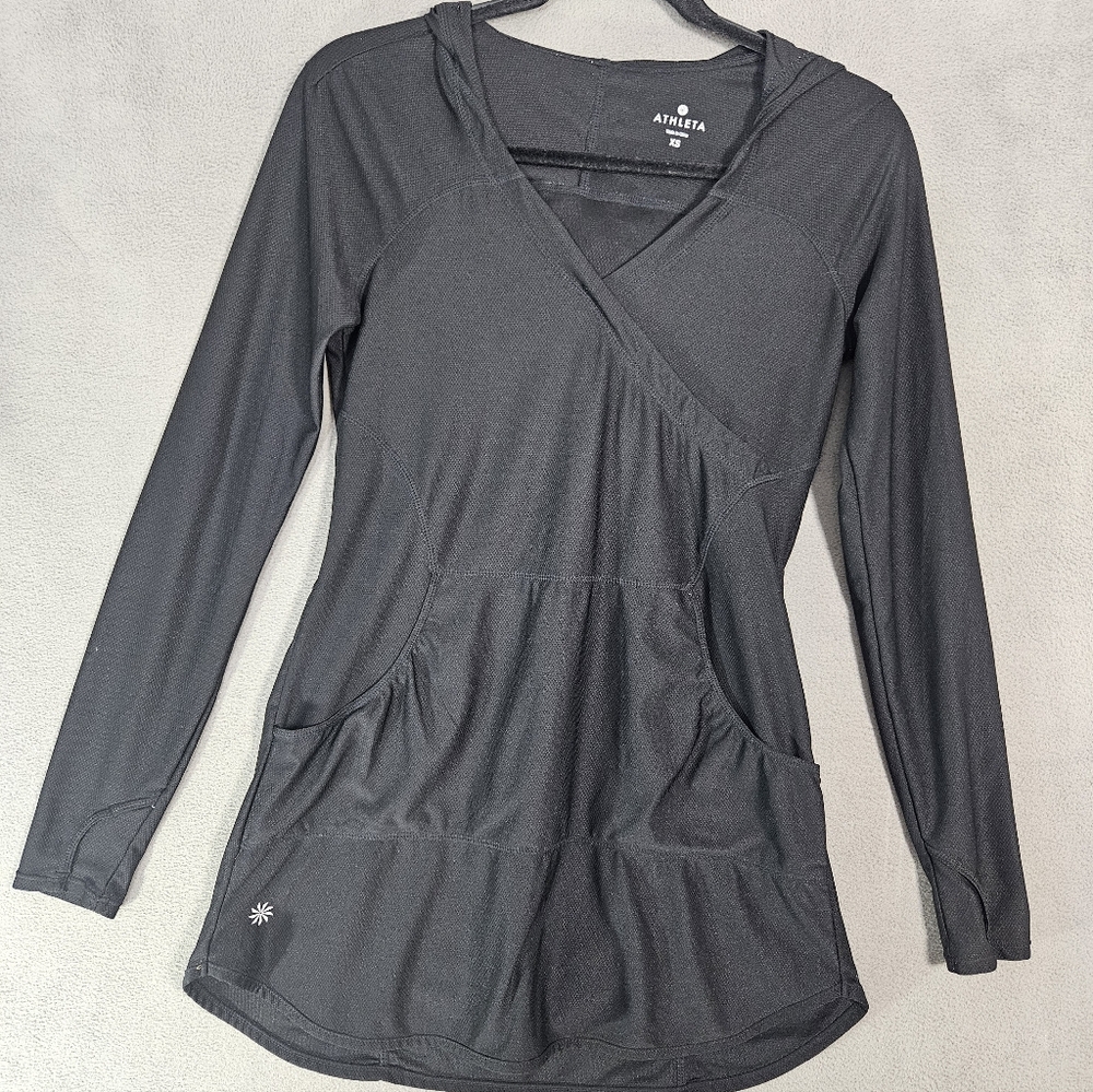 Athleta Athletic Women XS Faux Wrap Vneck Sweatshirt Hooded Black Tunic